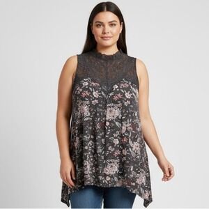 Torrid Gray Floral Illusion Lace Sharkbite Gauze Tank Top 2X NWT